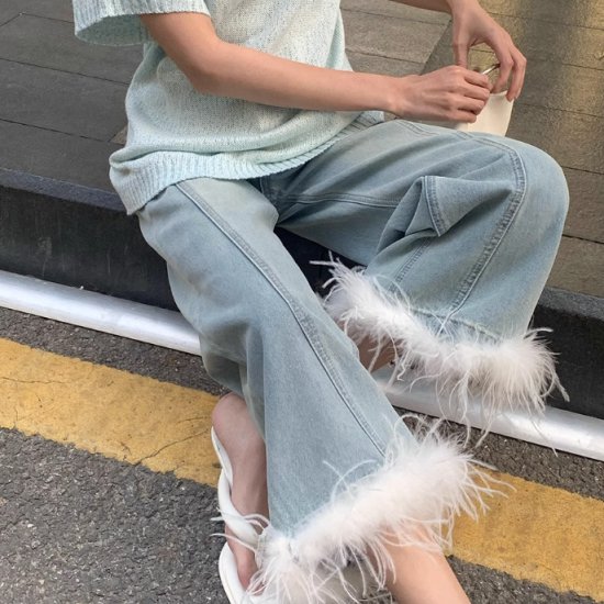 デニムパンツ 羽根 大きいサイズ レディース ジーンズ デニム ジーパン ボトムス ハイウエスト ロング ストレート ライトブルー 女子会 デート アウトドア お出かけ プール 20代 30代 春 夏