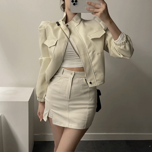 ルーズフィット シャーリング パフ レザー レザー ジャケット 2color