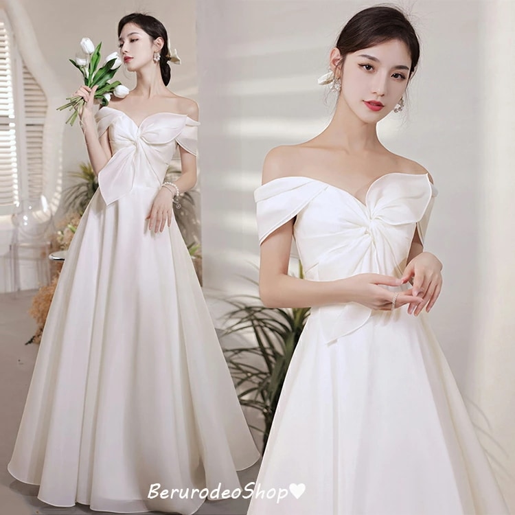 コストパフォーマンスウェディングドレス オフショルダー リボン 無地 サテン ロングドレス 白 ホワイトドレス 二次会ドレス 撮影 海外挙式 Vネック 結婚式ドレス 花嫁ドレス Aライン イブニングド