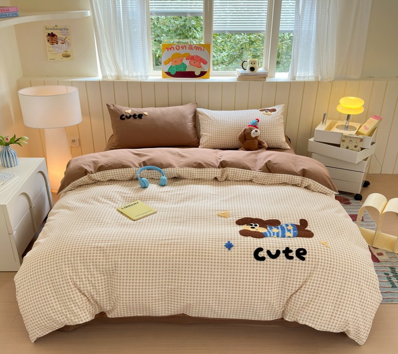 綿100% タオル刺繍セットベッドカバー4点セット　てれてれワンちゃん