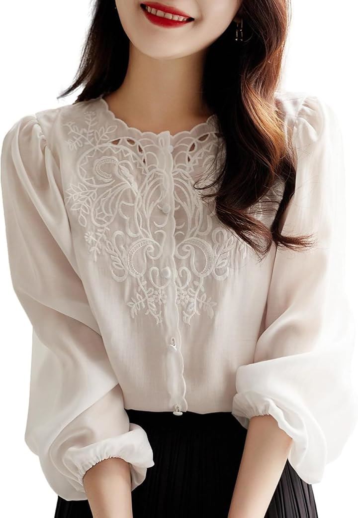 刺繍シフォンブラウス パフスリーブ デザインボタン トップスレディース オフィスカジュアル 痩せ見え 通気性 ボタニカル(ホワイト, L)