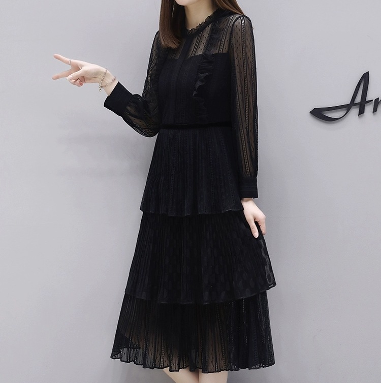 ワンピース パーティー 膝下 長袖 スタンドカラー Aライン ケーキワンピース ティアードワンピース レース ハイウエスト 透け感 可愛い きれいめ 大人可愛い 上品 おしゃれ キュート エレガント