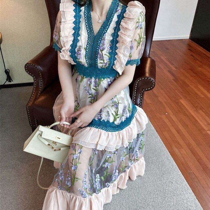 ワンピース 半袖 花柄 シースルー メッシュ ロングドレス マキシ マキシ丈袖あり フレア Aライン かわいい 大人可愛い カジュアル 大人 上品 おしゃれ お洒落 かっこいい レトロ 大人可愛い 大