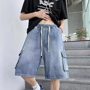 メンズ ハーフパンツ カジュアルレトロマルチポケットルーズショートパンツサマーワークウェアデニムショートパンツ