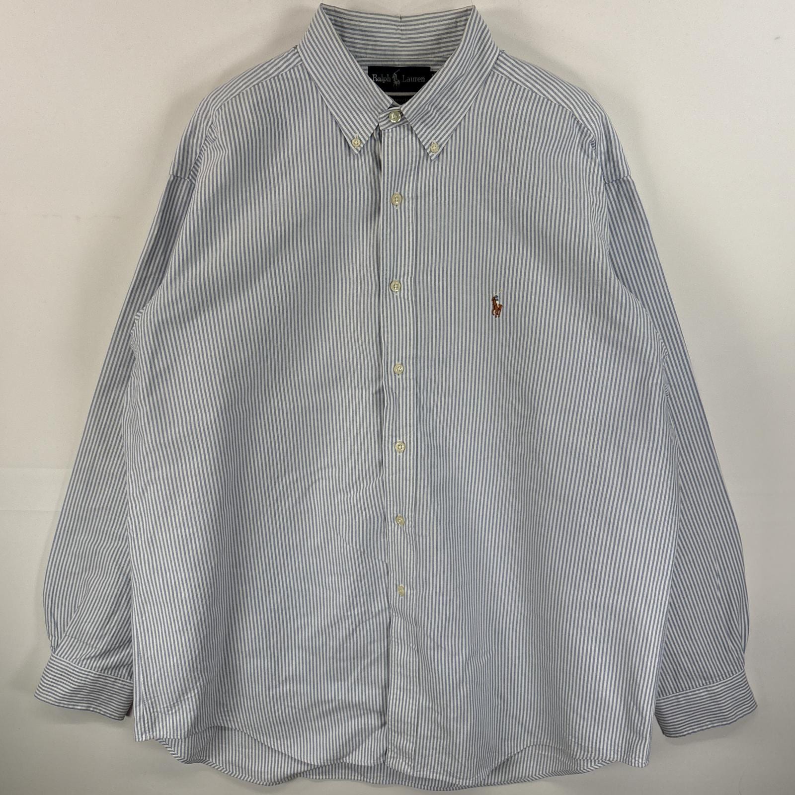 古着 90s/90年代 長袖シャツ ボタンダウンシャツ オックスフォードシャツ 肉厚 17-36 XL 水色系 ストライプ メンズ