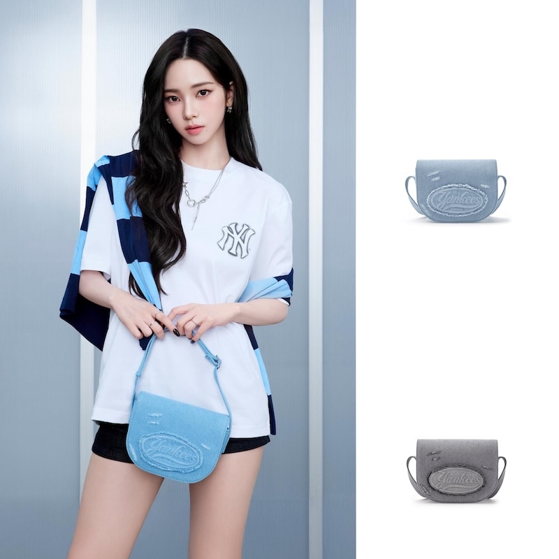 3ACRVD15N karina着用 正規品保証 関税負担なし 韓国限定販売 [25S新商品]レタリング ヴィンテージ デニム クロスバック ニューヨークヤンキース