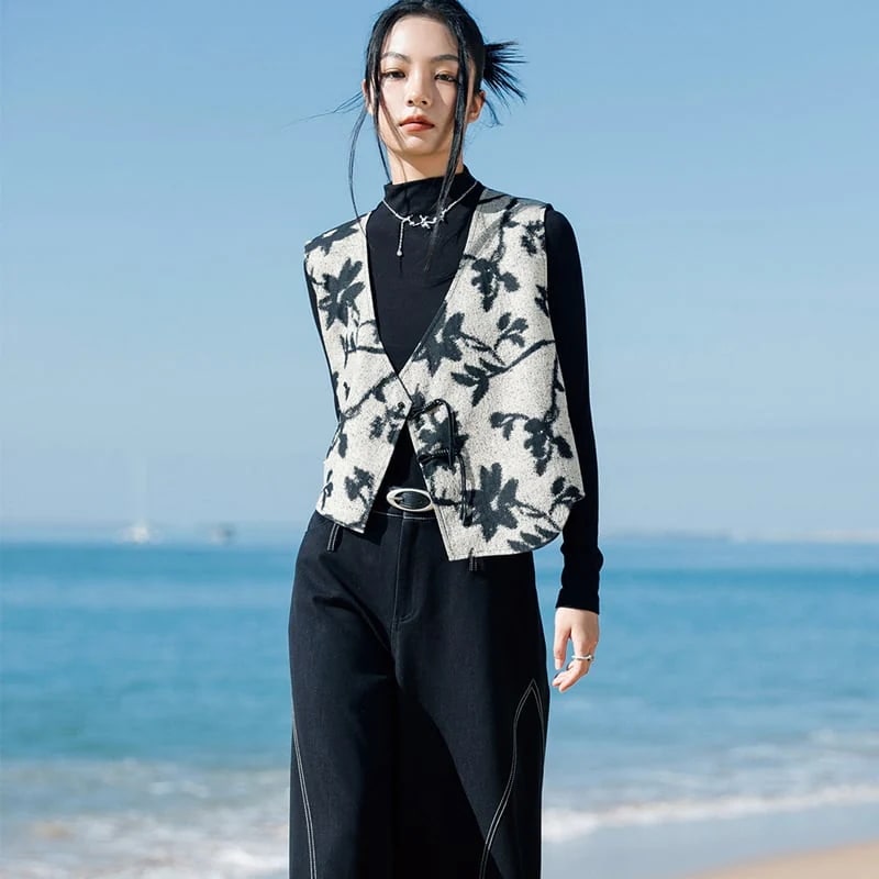 チャイナ風トップス Vネックベスト レディース 水墨 花柄 ジャガード 合わせやすい チョッキ 着瘦せ