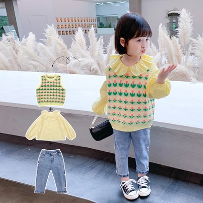 女の子 ネット赤 セット 2021 新型 韓国版 洋風 秋冬 子供 シャツ ベスト ジーンズ 3点セ