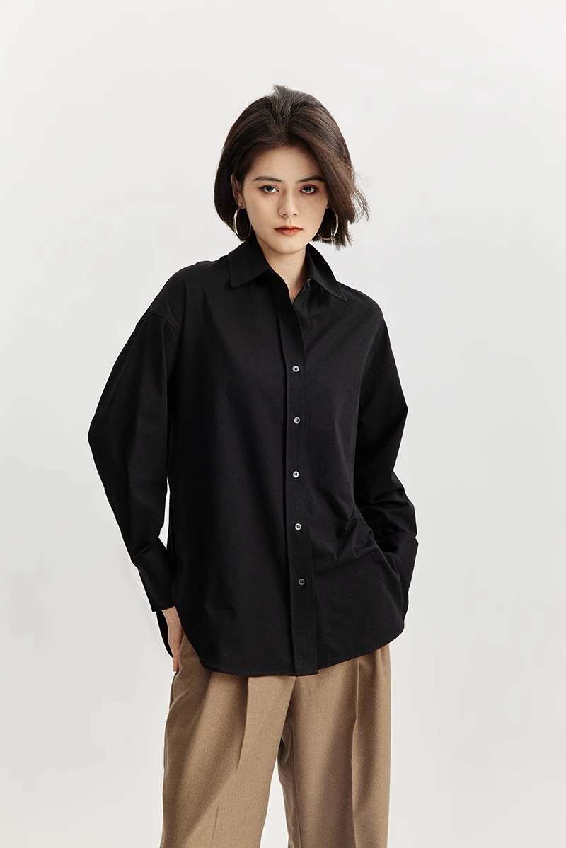 シンプル ハイエンド ファッション 綿 ニット生地 長袖 シャツ トップス シャツ 白トップス 袖あり 長袖 襟付き 綿 きれいめ シンプル カジュアル 大人 おしゃれ お洒落 こなれ感 ラフ 無地