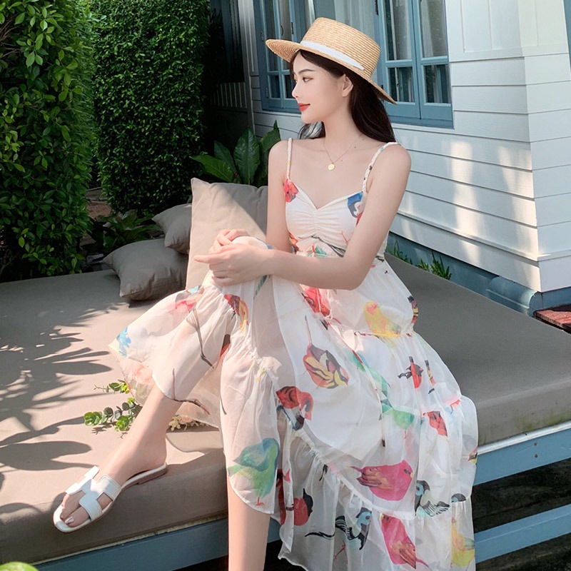 バリビーチスカート女性夏タイ三亜海辺の休日スカートロングスカートスーパー妖精花シフォンサスペンダードレスワンピース ロング韓国ファッションロングワンピース韓国 キャミワンピ まとめ買い Vivalafocaccia Com