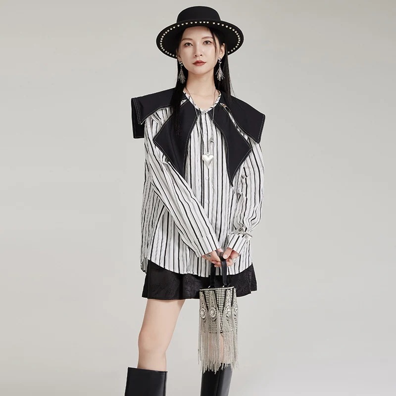 日中2025フランス式上着ファスナー大襟衝突色ゆるい大版郭形怠惰シャツ中長タイプ