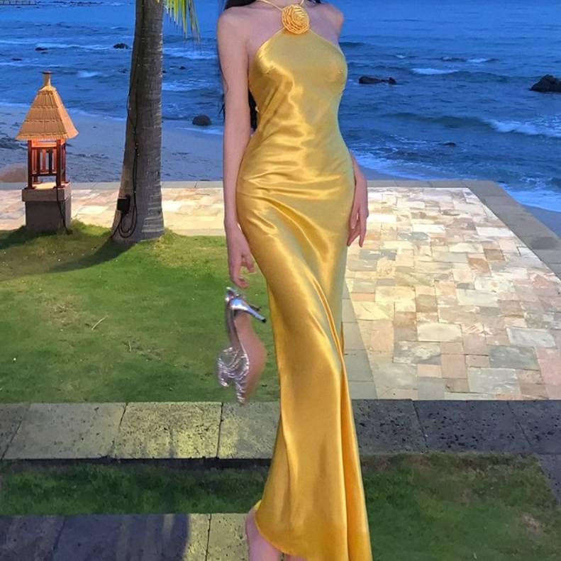 レディース スカート ワンピース ドレス ビーチロングドレス マーメイドスカート ロングスカート ロング 袖なし ノースリーブ ホルターネック スリム 細身 スマート スリット サイドスリット かわい