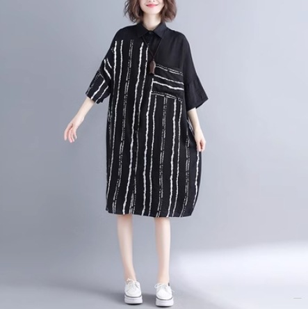 ワンピース 個性的 ゆったり シャツワンピース 膝下 7分袖 七分袖 Aライン ボタン 前開き 通気性 薄手 きれいめ シンプル カジュアル 上品 おしゃれ お洒落 レトロ アジアン