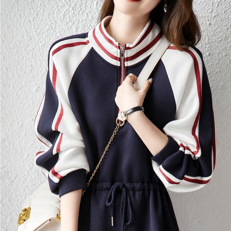 スポーティワンピース ファスナーワンピース ボリューム袖ワンピース ハイウエストワンピース スカート ワンピース トレーナー オールインワン ロングスカート フレアスカート 膝下 ミモレ ミモレ丈