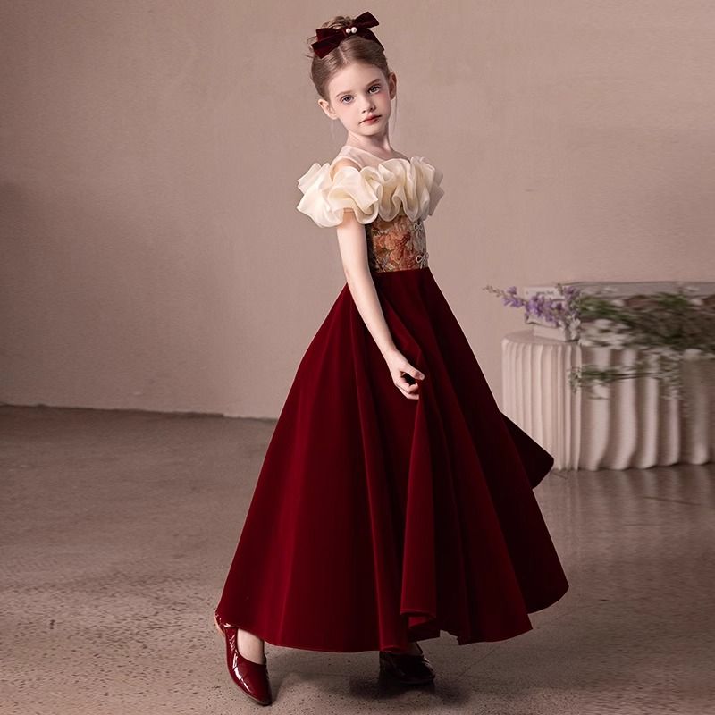 レッドガールステージホスト子供用パフォーマンス服フラワーガールウェディングドレスリトルガール誕生日プリンセスドレス