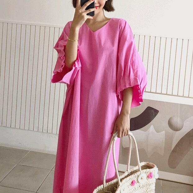 2color レディース ワンピース ミモレ ミモレ丈 袖あり 半袖 5分袖 五分袖 ボリューム袖