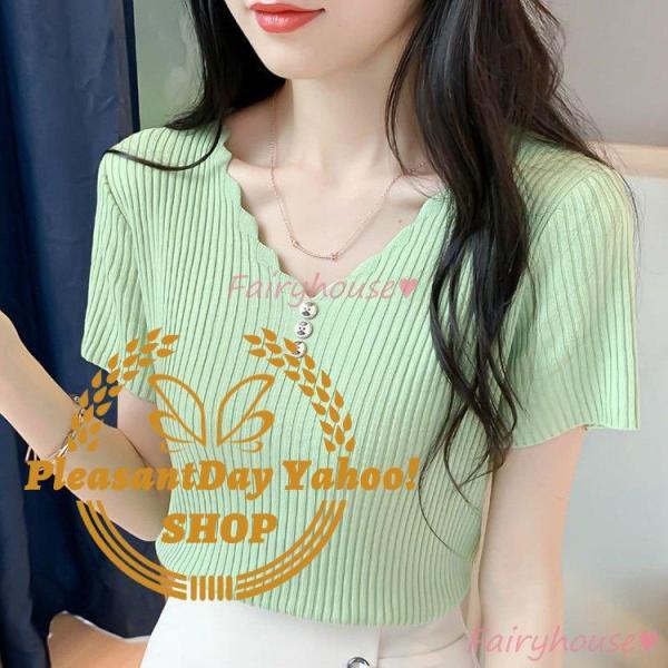 Tシャツ レディース 春夏新作 40代 半袖 ニットトップス 無地VネックTシャツ レションニットソー 薄手 ショット丈 カットソー おしゃれ 大人 50代 30代
