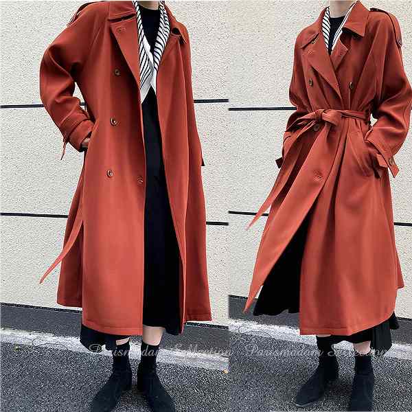 激安価格！オレンジトレンチコート　鮮やか　ロングコート　定番スタイル　通勤通学　ビジネス　ほっそり効果大 20代30代40代50代60代　ミセス 7,248円