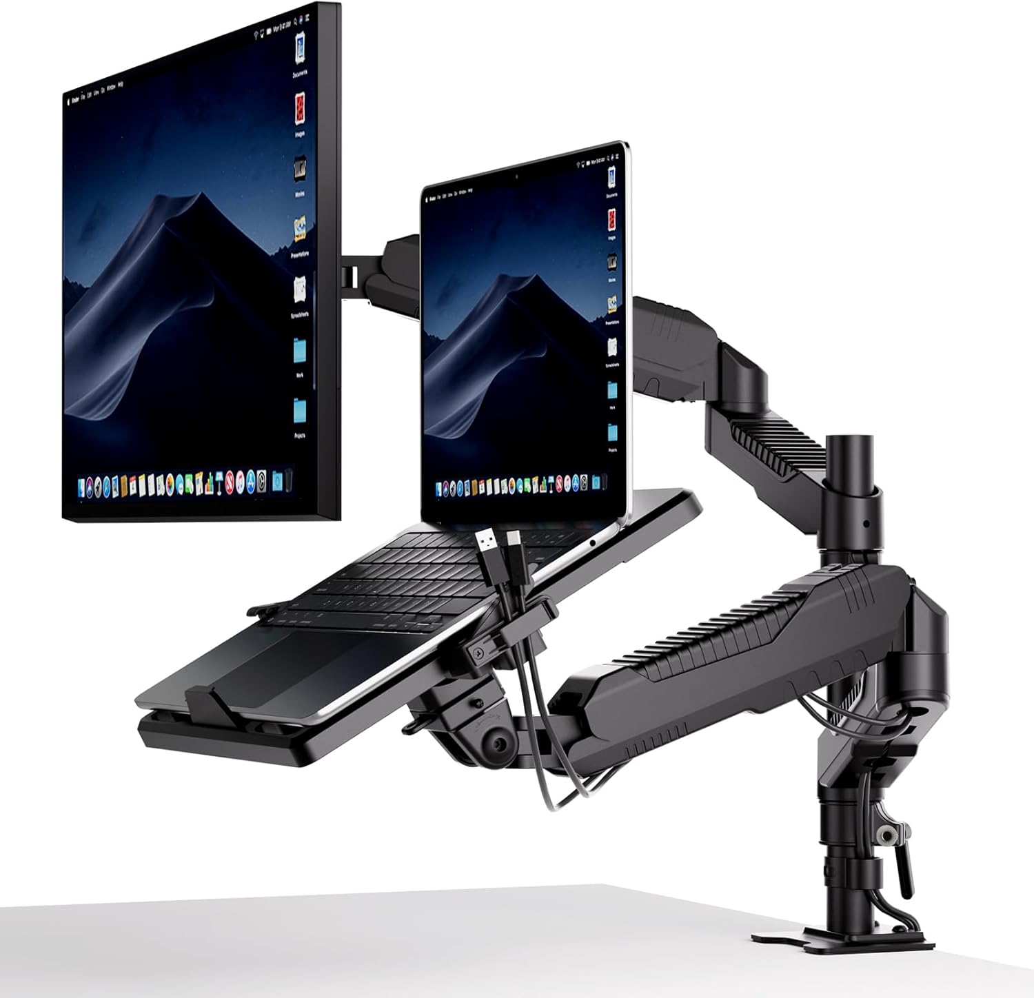 デュアル ノートパソコン/モニターアーム 安定性UP トレイ付き 11-17インチ対応 高度12-60cm 角度自由に調整 ガススプリング グロメット式＆クランプ式 モニターアーム 360度回転