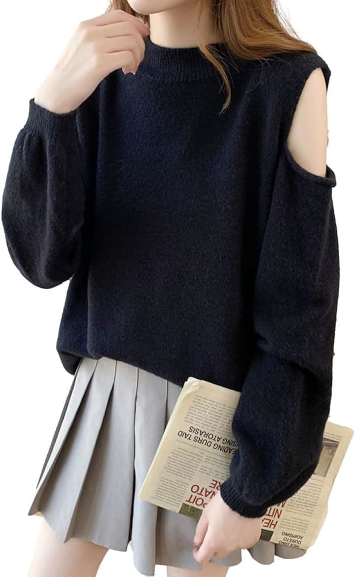 肩出しセーター ショルダーカット 長袖 ラウンドネック ニット ゆるシルエット パフスリーブ ヘルシーコーデ 大人リラクシー レディース(ブラック, M)ニット