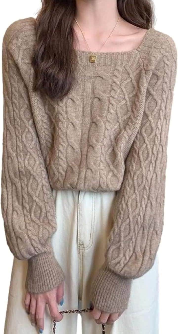 ニット レディース セーター プルオーバー ケーブル編み スクエアネック パフスリーブ ショート丈 カジュアル モード らくちん デート シルエット 体型カバー(ベージュ, M) 5,710円