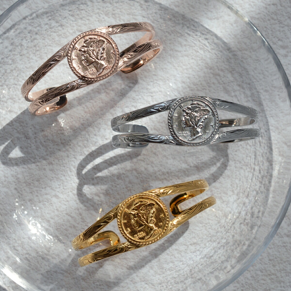 ハワイアンジュエリー コイン バングル サージカルステンレス マーキュリーダイム 10セント