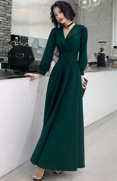 ワンピース フレアワンピース ワンピドレス ロング ロング丈 マキシ マキシ丈 9分丈 アンクル丈 袖あり 長袖 Vネック カシュクール 襟付き フレア ワイド Aライン マーメイド ウエストマーク