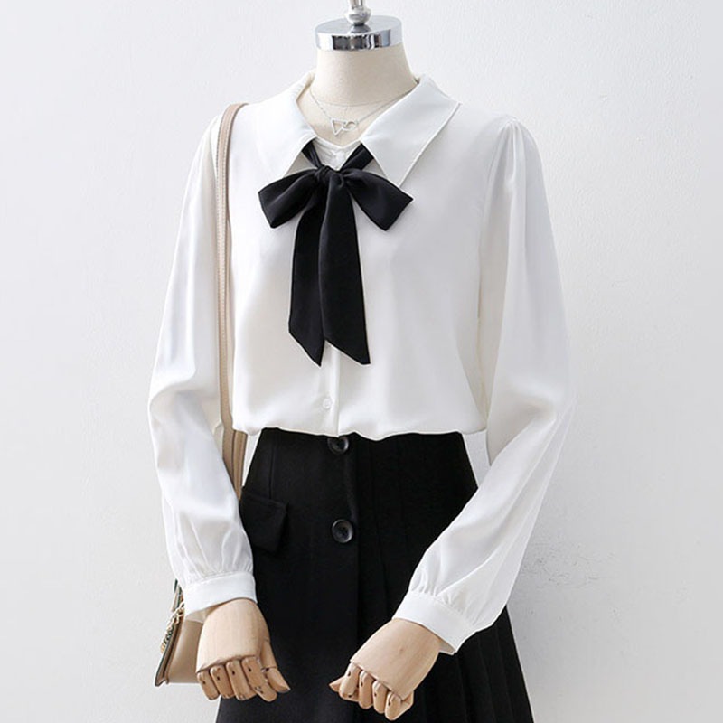 トップス レディース 白シャツ 白トップス シフォンブラウス ボウタイ 袖あり 長袖 襟付き リボン かわいい 韓国 休日 モテ 2XL 3XL 4XL 5XL 6XL 7XL モノトーン 春 秋