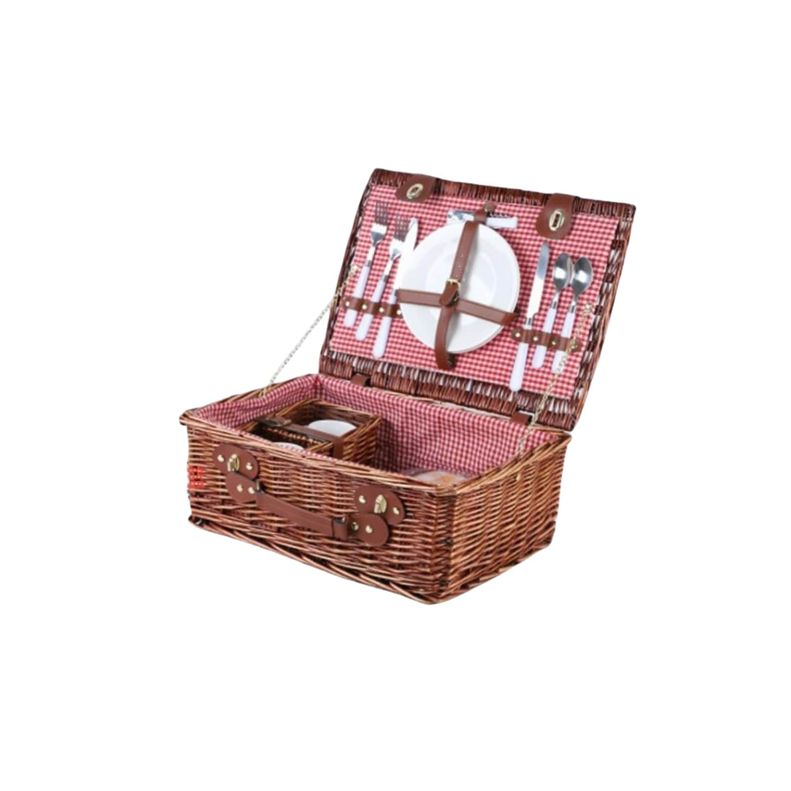 MUJIE ピクニックバスケット素朴な籐の収納バスケット蓋付きピクニックバスケット調理器具とカトラリーが入ったヤナギバスケットセットピクニックに（45*32*18cm)