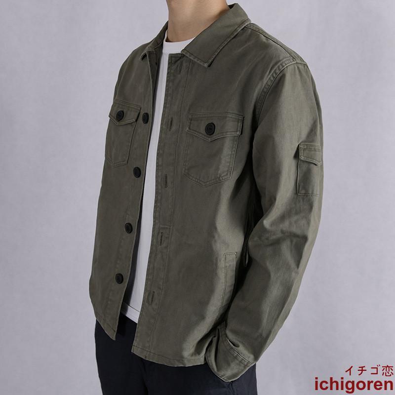 超人気,高評価!!シャツジャケット アウター カバーオール メンズ 綿100％ 無地 シンプル ブルゾン 作業着 ワーク 秋服