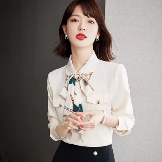 レディース トップス ブラウス 長袖 襟付き 角襟 りぼんタイ フェミニン 大人可愛い きれいめ シンプル 上品 おしゃれ こなれ感 ラフ ガーリー 個性的 主役級 存在感 とろみ感 抜け感 ラブリー