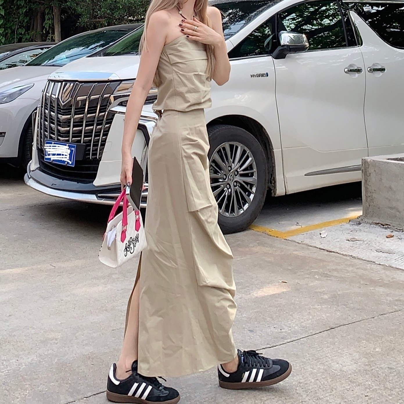 個性的 春服 夏服 秋服 セットアップ レディース トップス スカート ボトムス パンツ 上下セット ロング マキシ丈 袖なし ノースリーブ スリム タイト 細身 インスタ映え SNS 映え