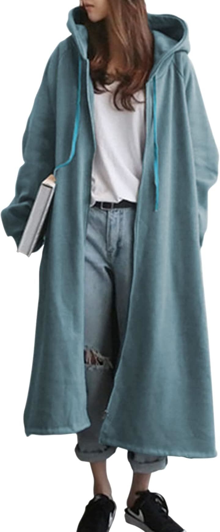 マリアマーファ あったか 裏起毛 フード付き ロングパーカー スリット入り もこもこ コート 秋 冬 トレーニングウェア 大きい サイズ 大きめ ビックシルエット(ブルー, L) 6,054円