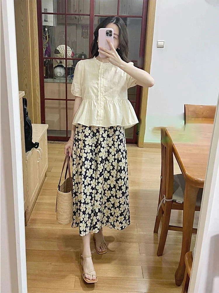 セットアップ2点セット/フレンチ桔梗花柄スカートセット女性の夏の雰囲気腰を収める高級シャツ100着半身スカートt