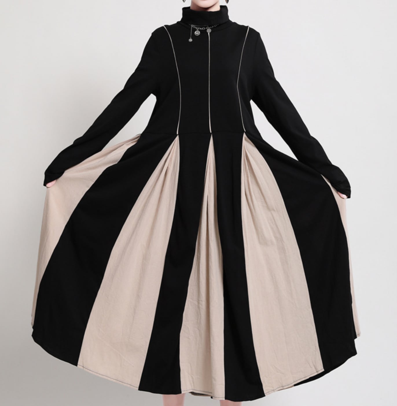 ワンピース 上着 人気 おすすめ おしゃれ お洒落 激安 安い プチプラ 長袖 ロング ハイネック ふんわり Aライン 柄 ストライプ コットン 綿 可愛い かわいい 韓国 シンプル lon