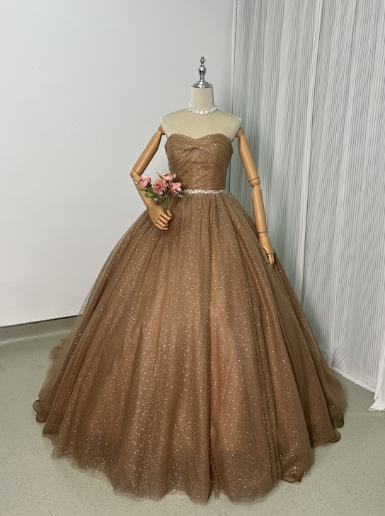 カーキ色 カラードレス ベアトップ キラキラグリッターチュール 編み上げ 前撮り 29,593円