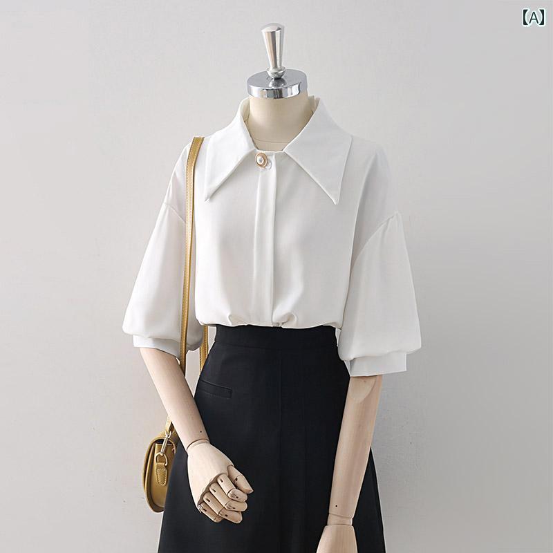 レディース シフォンシャツ ブラウス 七分袖 五分袖 夏 ドール襟 白 ドレープ ボタン装飾１つ 隠し前立て 上品 エレガント シンプル 通気性 フェミニン ワードロープ オフィス
