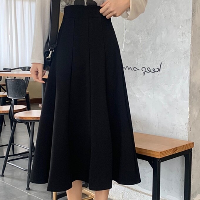 スカート ボトムス 春 夏 秋 冬 きれいめ カジュアル かわいい レディース プリーツスカート フレアスカート トラペーズスカート ミディアム丈 ミドル丈 無地 ハイウエスト プリーツ 黒 ブラック