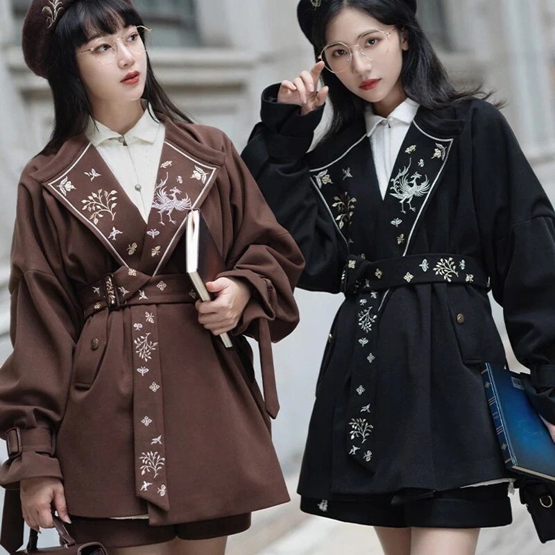 チャイナ風低身長コート 刺繍アウター 新作 着痩せ 高見えコーデ 改良漢服 厚手 黒 ブラウン