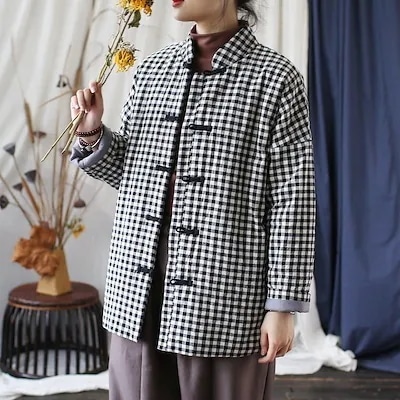 オリジナル　格子　厚　保温　綿入れ　文芸　レトロ　ゆったり　冬綿入れ