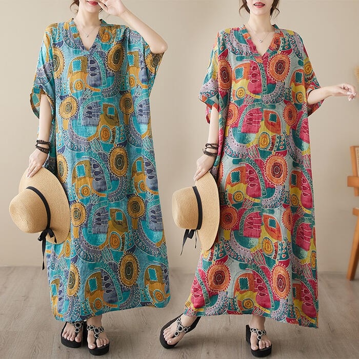 アジアンテイスト ワンピース 袖あり レッド 半袖 20代 オリエンタル 50代 ロング丈 カジュアル 夏 青 い 綿麻 レディース 赤 ドレス リネン リラックス コットン ブルー