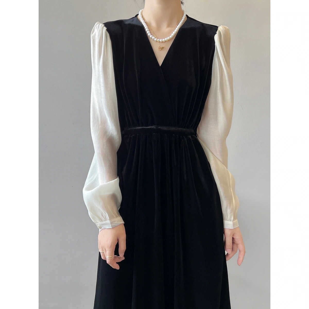 ワンピース 夏 春 新作 フレンチヴィンテージ 切り替え バブル袖 ロングスカート愛されドッキングワンピース