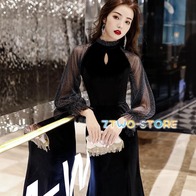 ワンピースドレスドレスフリル お呼ばれドレス 袖あり スリット 結婚式 ワンピースドレス マーメイドドレス パーティードレス 黒 長袖 スタンドカラー シースルー袖
