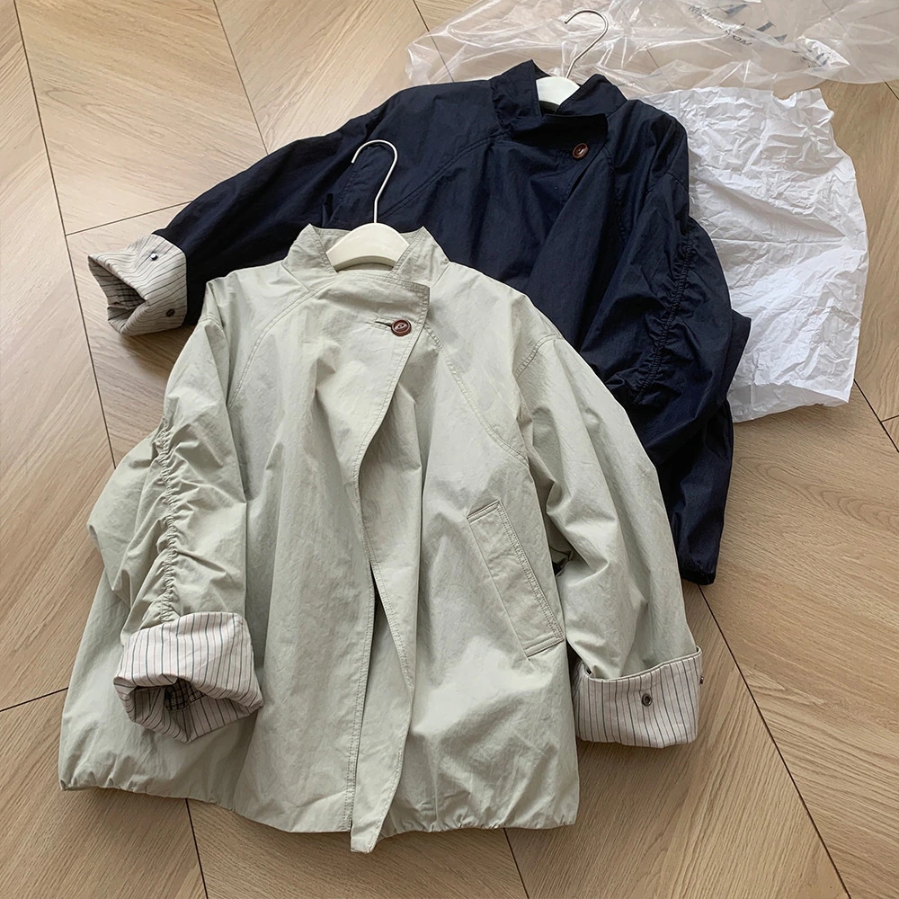 韓国スタイルスタンドカラージャケット女性用2026カジュアルルーズ怠惰なリラックスしたシルエット巾着プリーツウインドブレーカー