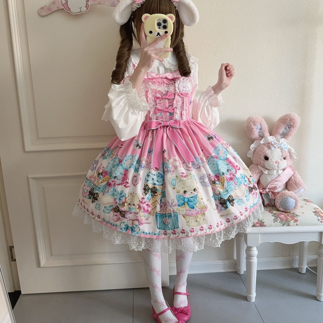 Lolita夏自作熊かわいいjskワンピースロリータ大童ストラップセットスカートローリ洋服