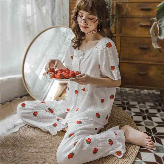 新品 2点パジャマ レディース マタニティーパジャマ 授乳服 春夏 半袖 マタニティーパジャマ 綿カーゼ 大きいサイズ イチゴ柄 妊娠 上下セット 部屋着 ママ オシャレ