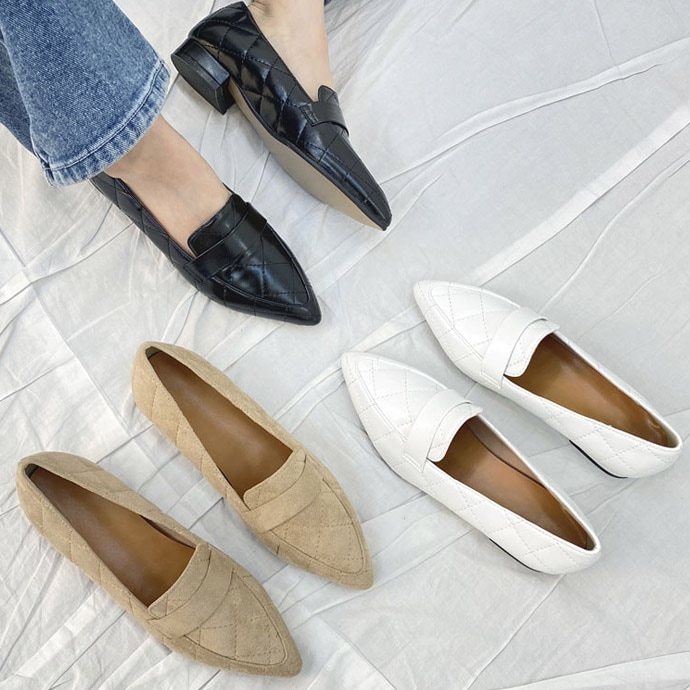 シンプル ポインテッドトゥ キルティング ローヒール ローファーパンプス3color