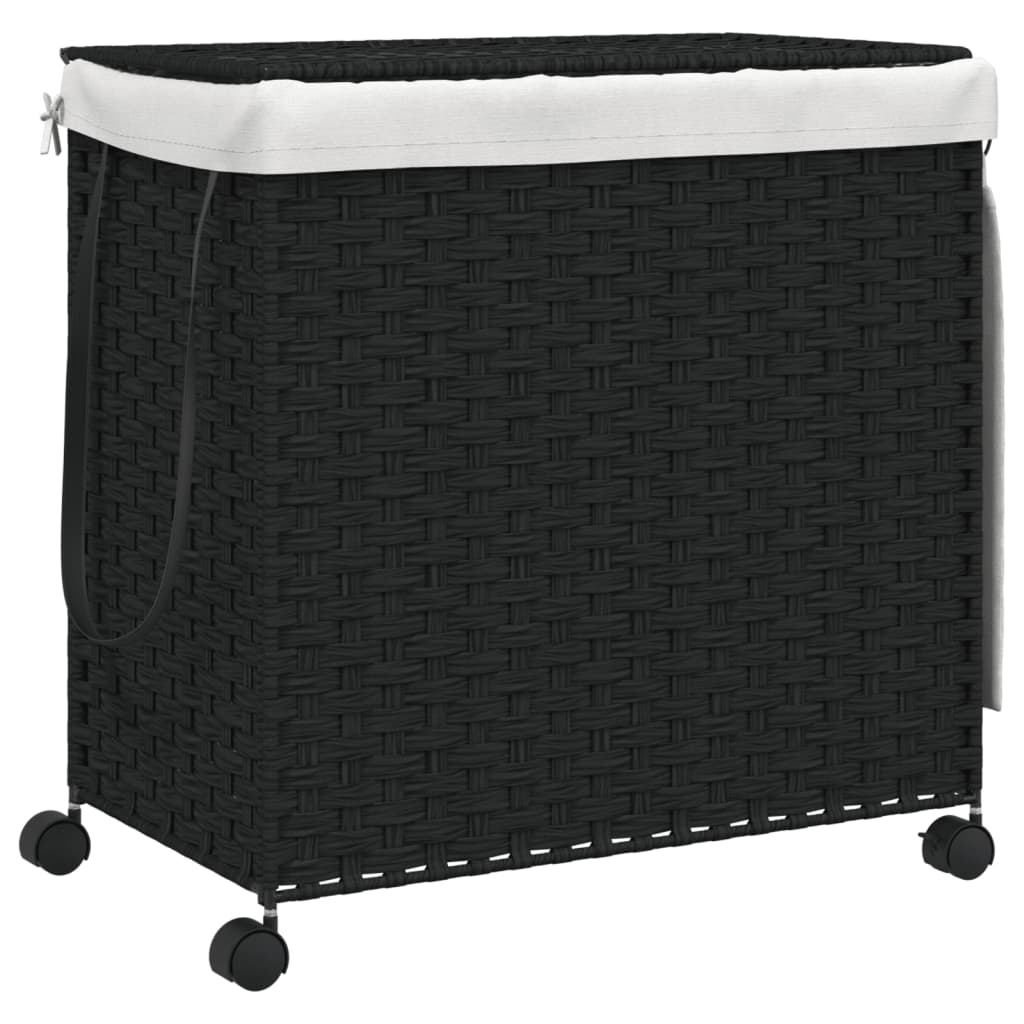 ランドリーバスケット キャスター付き ブラック 60x35x60.5cm ラタン