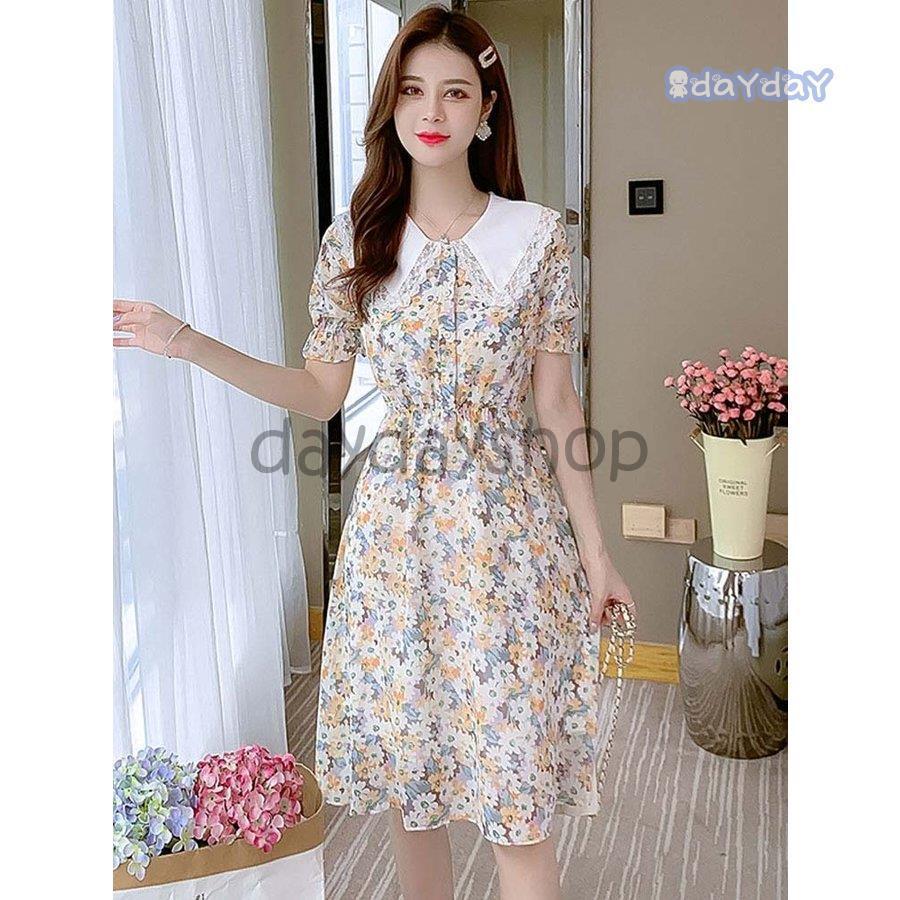 ワンピース フレアワンピ 花柄 総柄 襟 レース パフスリーブ 半袖 前ボタン 膝丈 オレンジ ピンク ブルー可愛い ママ イベント 女子会