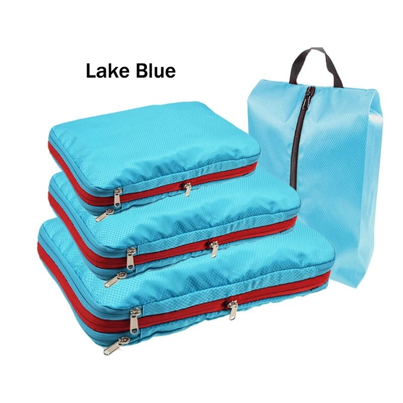 ポータブル二層圧縮バッグ,トラベル収納ポーチ,収納バッグ Total 4PCS Sky Blue